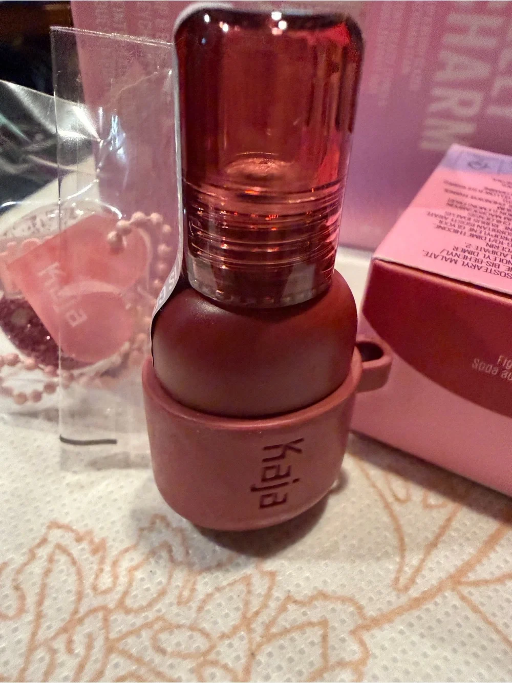 Kaja Red Blush - Lip Oil with Pink Glitter Heart Charm Squeeze Guava